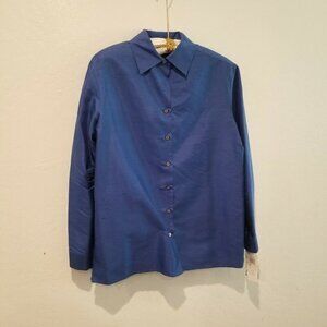 Erena Womens Large Button Front Long Sleeve Silk Classic Shirt Top Blue New